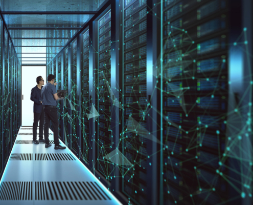 It Engineers And Technician Discussing Technical Problem In Server Room With Data Connection Visual Effect