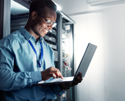 Tech, Data Center And Happy Engineer On System Database