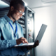 Tech, Data Center And Happy Engineer On System Database