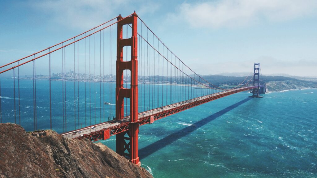 Aerial view of the Golden Gate Bridge in San Francisco.