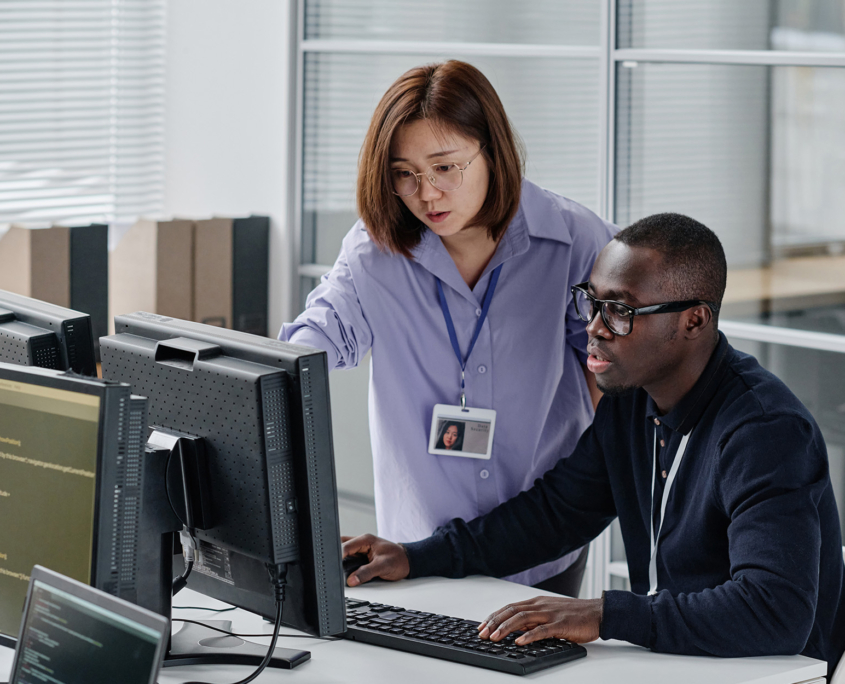 Side View Of Young Woman Pointing At Computer Monitor And Discussing New Computer Software With Her Colleague