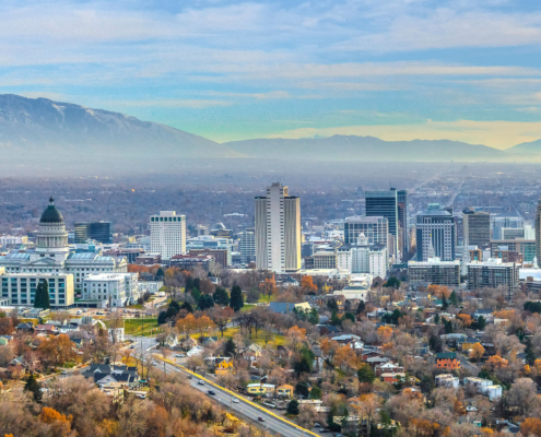 Panoramic View Of The Bustling Downtown In Salt Lake City Utah