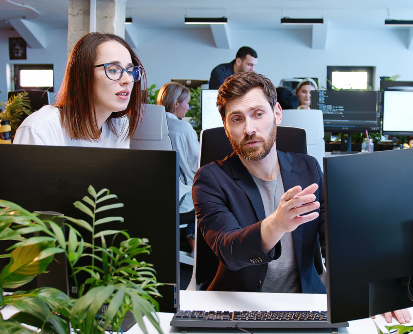 Support Technician Showing Colleague Information On Computer