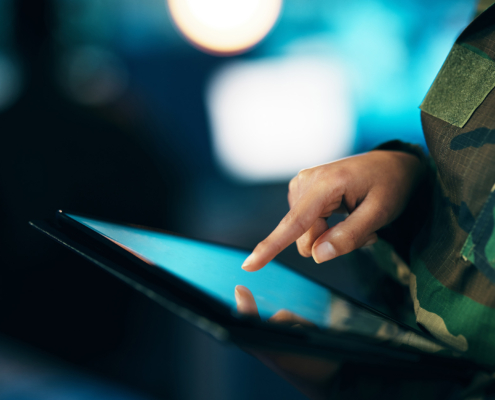 Military, Woman And Hand Typing With Tablet In Communication