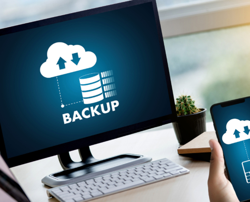 Front View Of Computer And Phone Screens, Cloud Backup