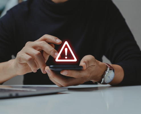 Phishing And Internet Security Concept, Man And Warning On Phone